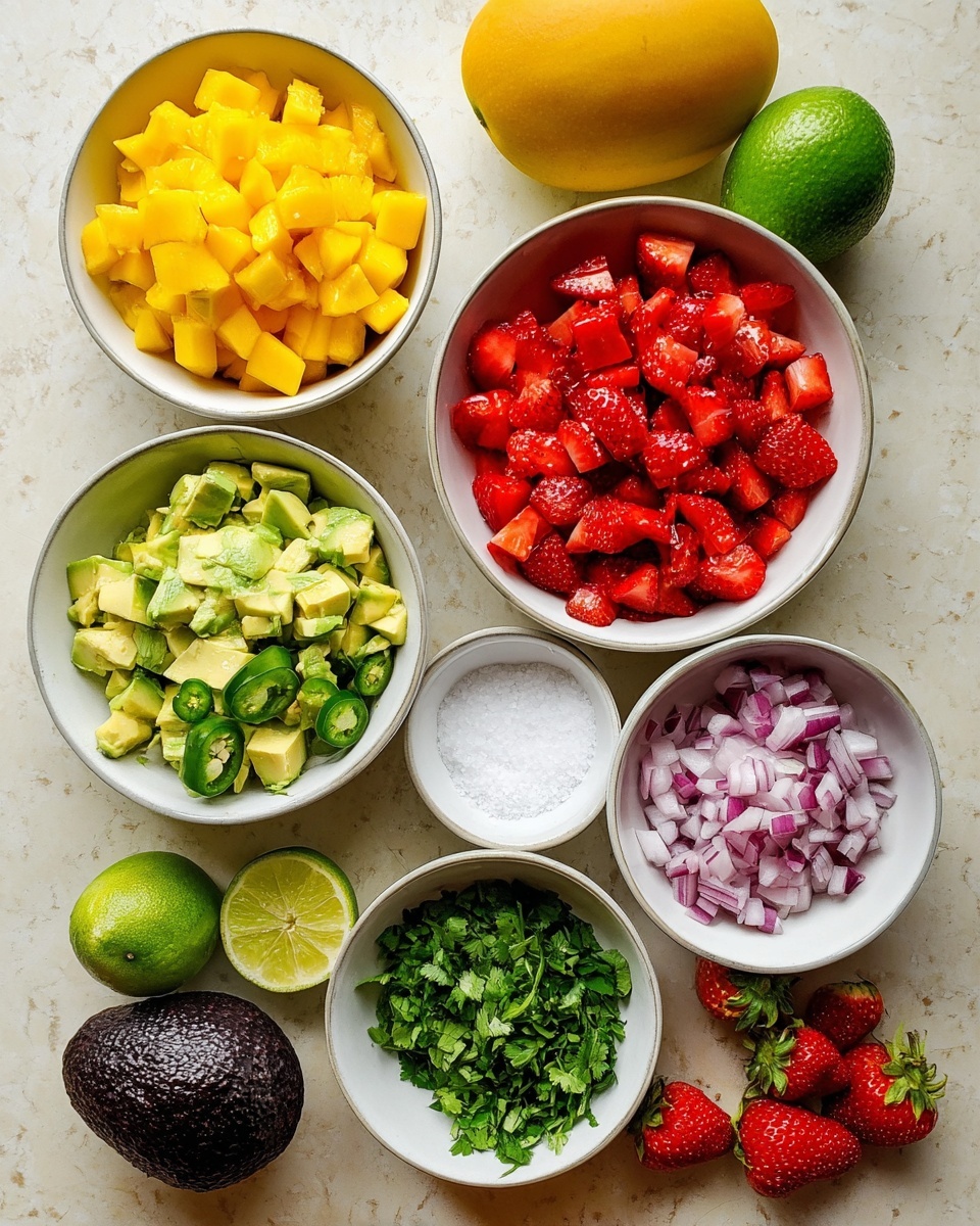 The image shows seven white bowls arranged on a white marbled surface. The largest bowls hold three layers of diced fruits: bright yellow mango cubes on the top left, red strawberry chunks on the middle right, and light green avocado pieces on the bottom left. Three smaller bowls contain finely chopped green jalapeños at the top center, pale red diced red onions to the right, and fresh chopped green cilantro at the bottom center. There is also a small white bowl filled with white salt at the top left. Around the bowls are whole items including a whole mango at the top left, a halved lime and whole lime near the center, a dark-skinned avocado at the bottom left, and four whole red strawberries scattered on the right. photo taken with an iphone --ar 4:5 --v 7