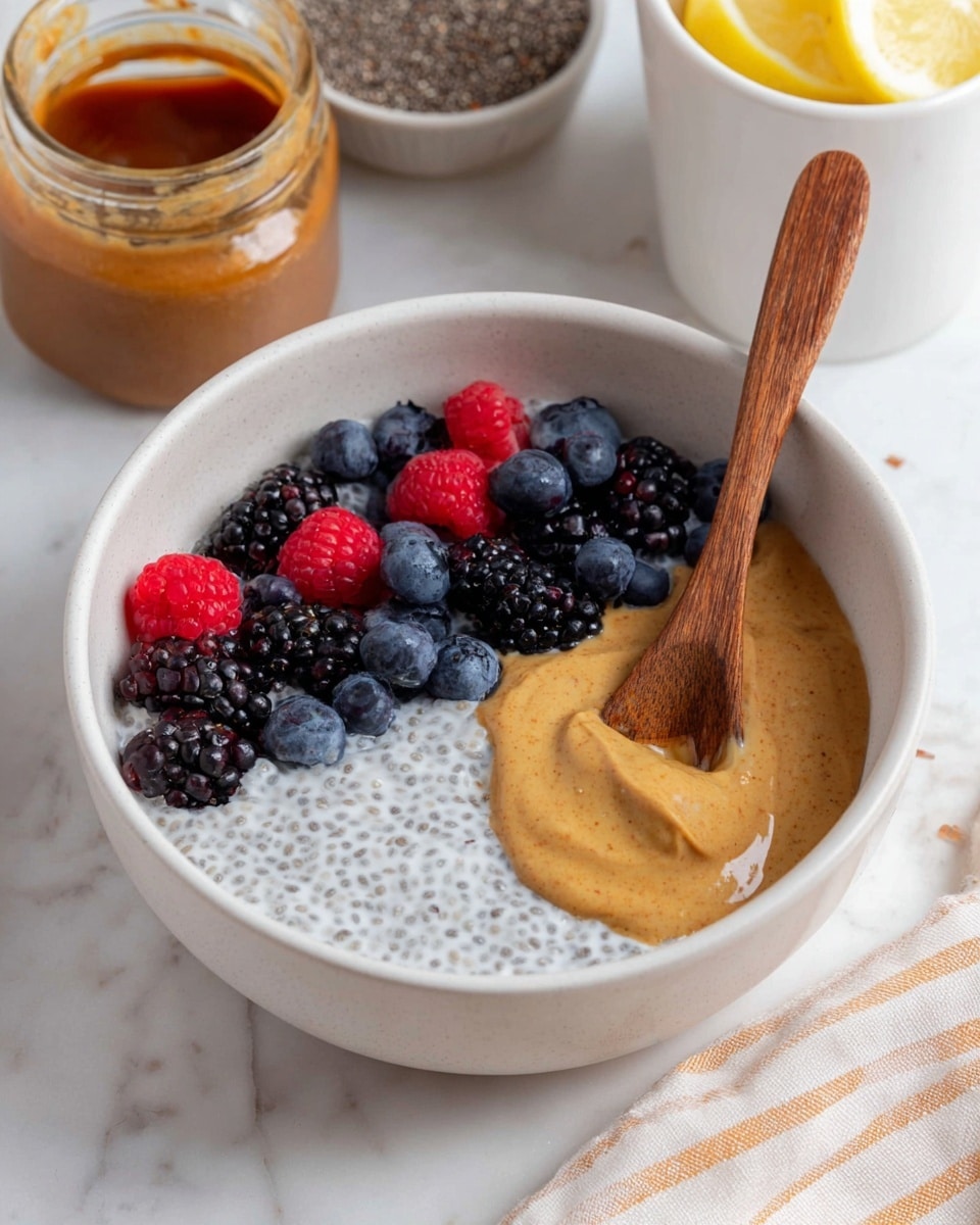 A white bowl holds a chia seed pudding with two clear layers: one side is creamy white with specks of chia seeds, and the other is topped with a smooth light brown almond butter spread. On top of the pudding, a small pile of fresh berries including dark blackberries, deep blue blueberries, and bright red raspberries sits near the edge. A wooden spoon rests inside the bowl, leaning into the almond butter side. The bowl is placed on a white marbled surface with a jar of almond butter and a small container of chia seeds in the background. A white cup with lemon slices is also visible in the top right corner. photo taken with an iphone --ar 4:5 --v 7
