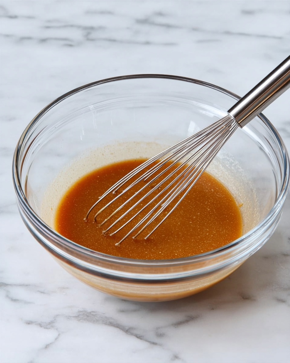 A clear glass bowl sits on a white marbled surface, holding a single layer of smooth, light to medium brown sauce or dressing with a slightly thick texture. Resting inside the bowl is a metal whisk with thin wires and a solid handle, partially dipped into the sauce. The bowl is simple, round, and transparent, clearly showing the sauce inside. Photo taken with an iphone --ar 4:5 --v 7