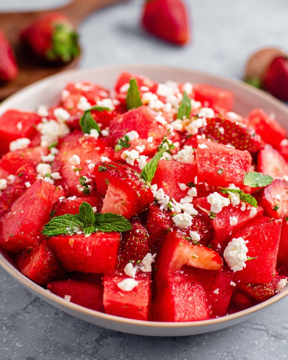 The image shows a white bowl full of a bright red fruit salad. The bottom and main layer is made of juicy red watermelon cubes, mixed with fresh strawberries cut in halves and slices, all bright red and moist. On top, small crumbles of soft white cheese are scattered, adding contrast to the red fruit. Finally, thin green mint leaves are spread throughout, giving fresh color and texture. The bowl is placed on a white marbled surface with some whole strawberries blurred in the background. Photo taken with an iphone --ar 4:5 --v 7