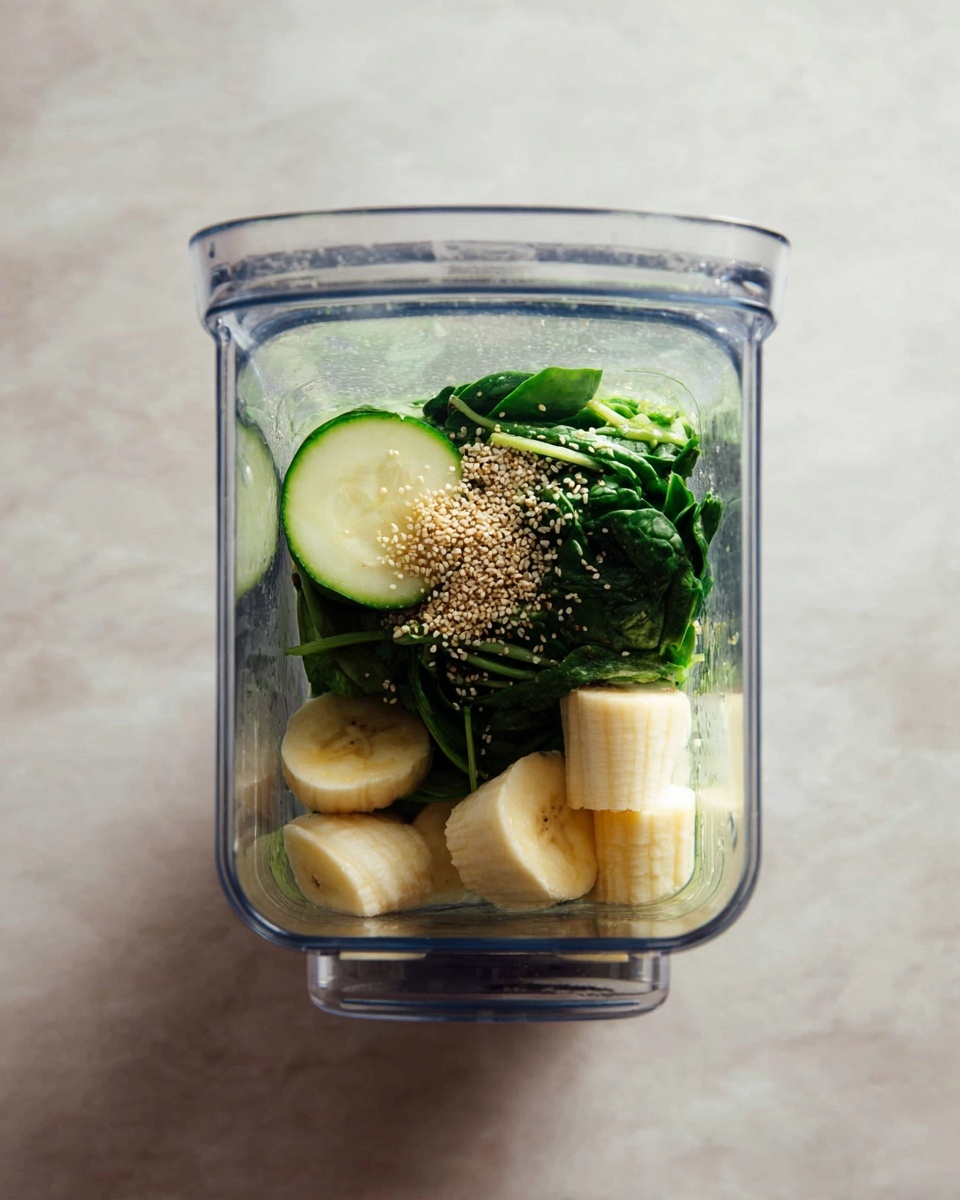 A clear blender jar is filled with layers of fresh ingredients from top to bottom. The top layer has small, light tan seeds sprinkled over a round cucumber slice with pale green skin and pale inside. Beneath that is a mound of dark green leafy spinach and some thin, darker green stems, creating a dense, textured layer. On the sides and at the bottom, there are thick pieces of pale yellow frozen banana chunks. The jar is placed on a white marbled surface with a soft, even light coming from above and the photo is taken from directly above the jar photo taken with an iphone --ar 4:5 --v 7