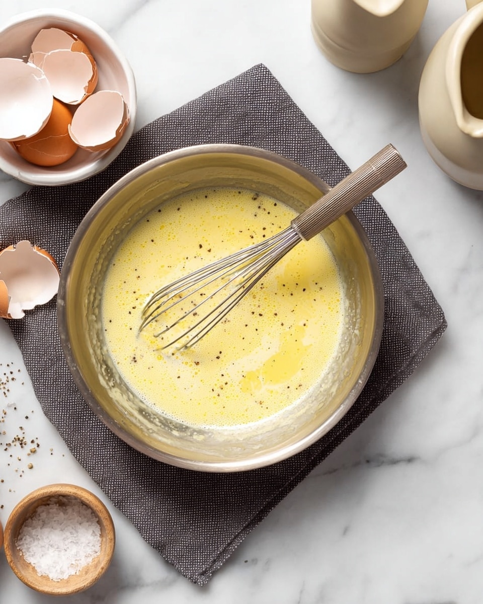 A metal bowl with a yellow liquid mixture inside is placed on a dark gray cloth on a white marbled surface. The mixture looks slightly frothy and speckled with black pepper. A metal whisk rests in the bowl, partially submerged in the liquid. To the top left of the bowl, there is a small white bowl holding several cracked eggshells. Around the bowl on the white marbled surface, there are containers of salt and pepper, and a beige pitcher is partly visible on the top right. The scene looks like a kitchen countertop with ingredients ready for cooking. photo taken with an iphone --ar 4:5 --v 7