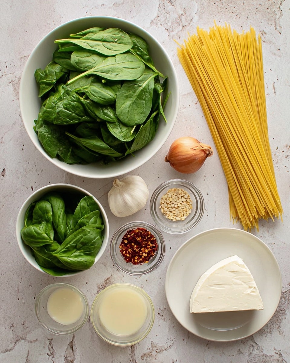 The image shows ingredients laid out on a surface with a white marbled texture. There is a large white bowl filled with fresh green spinach leaves in the top left. Next to it is a smaller white bowl with dark green basil leaves. To the right is a large pile of uncooked yellow spaghetti strands. Below the basil bowl are two light tan garlic cloves and above them a small, round shallot with a dry, brown skin. Below the shallot is a small clear bowl containing red chili flakes, and to the left of it is a small clear glass with a pale creamy liquid. Below that glass is another small glass with a pale yellow liquid. On the bottom right is a white plate with smooth edges holding a semicircle of soft white cheese. The photo taken with an iphone --ar 4:5 --v 7