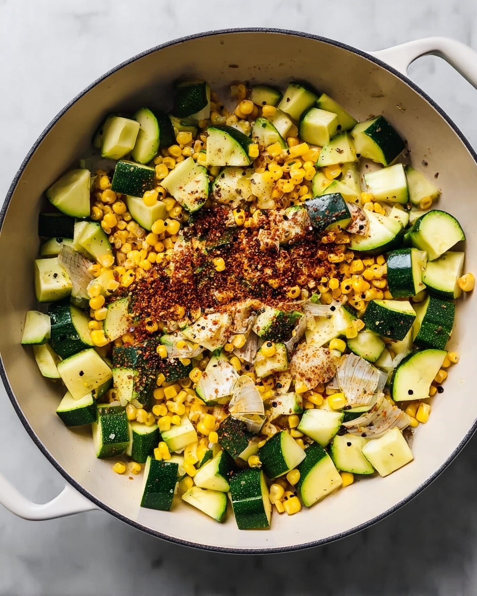 A white pan filled with a mix of chopped green zucchini pieces spread mostly around the edges and small yellow corn kernels scattered mostly in the center and bottom half. There are some slices of a light-colored ingredient sprinkled with dark brown and reddish spices near the upper center, and small black pepper dots scattered across the top. The pan rests on a white marbled surface. photo taken with an iphone --ar 4:5 --v 7