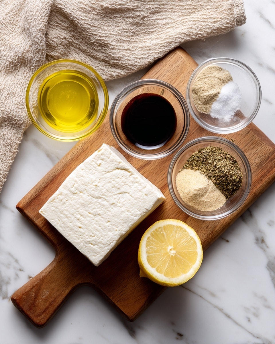 A flat white block of tofu is placed on a wooden cutting board, situated slightly to the left of the image. Next to the tofu on the right side of the cutting board is a half lemon, showing its pale yellow inside. Above the cutting board are three small clear glass bowls arranged in a rough triangle; the top bowl contains a yellow oil, the right bowl holds a dark brown liquid, and the bottom bowl has a mix of four powdered spices in different shades of beige, light brown, and green. A beige textured cloth is loosely folded and placed above the cutting board. The whole setup rests on a white marbled surface. photo taken with an iphone --ar 4:5 --v 7