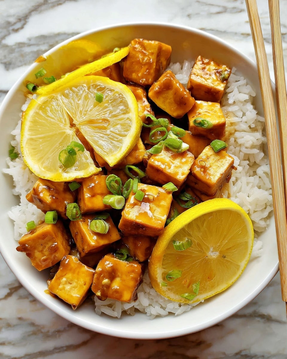 A white bowl filled with a base layer of fluffy white rice, topped with medium-sized golden brown tofu cubes covered in a shiny sauce. Thin yellow lemon slices are scattered on top, along with small pieces of bright green chopped scallions. The tofu cubes are piled mostly on one side above the rice, with a few lemon slices resting on top and to the side. The bowl is placed on a white marbled surface with a pair of light-colored chopsticks resting on the edge. photo taken with an iphone --ar 4:5 --v 7