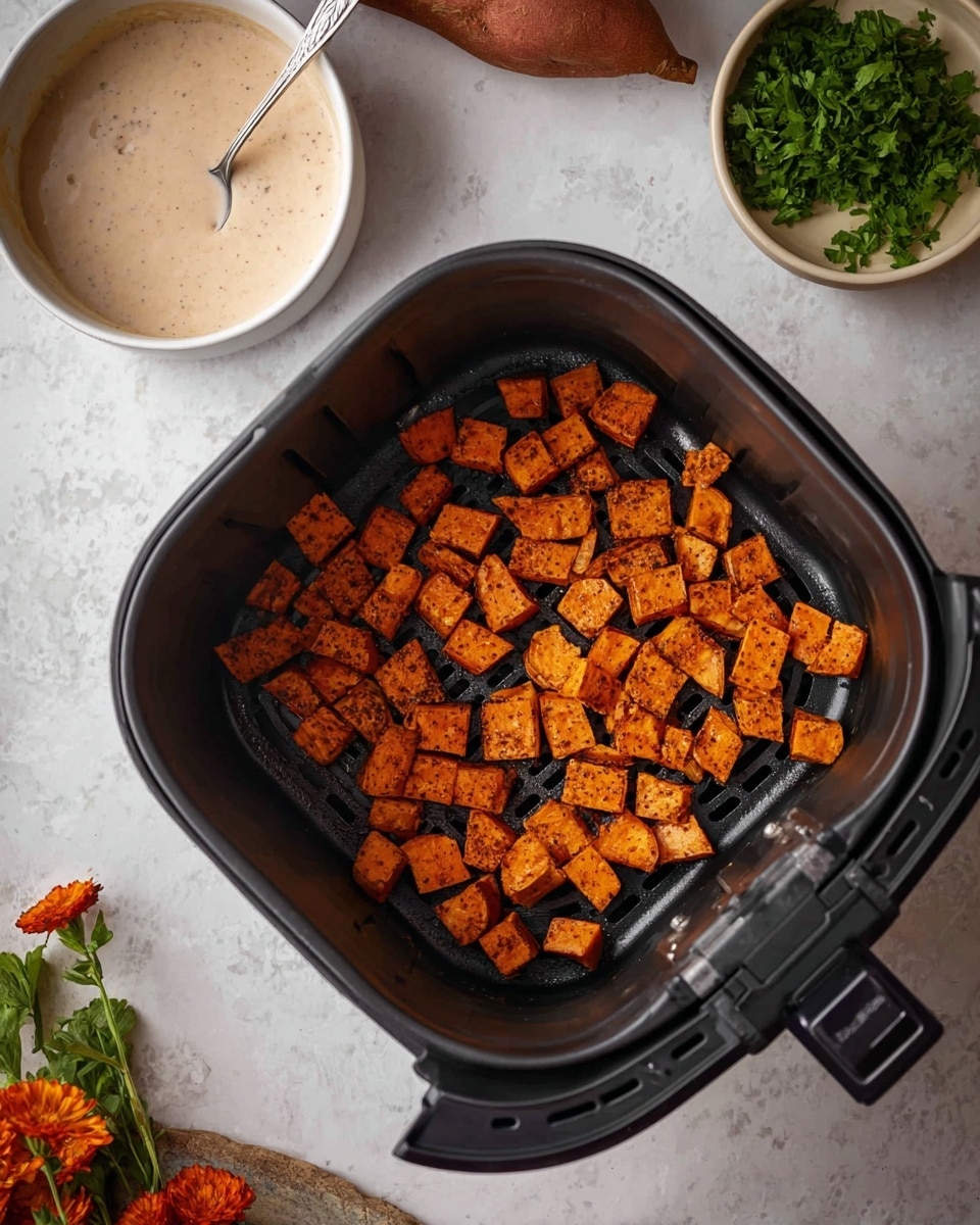 The image shows a black air fryer basket filled with small cubes of roasted sweet potatoes that are orange with a slightly charred texture. Above the basket, there is a white bowl with a creamy beige sauce and a spoon inside. Next to it, a small bowl with fresh green parsley leaves is visible. The background is a white marbled surface with a partially visible sweet potato and some orange dried flowers in the bottom left corner. Photo taken with an iphone --ar 4:5 --v 7