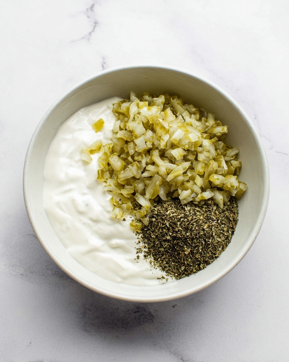 In a white bowl on a white marbled surface, there are three main layers visible side by side. On one side, there is a creamy white sauce with a smooth texture. Next to it, there is a pile of small, finely chopped pale green pickles. The third layer is a small mound of finely ground dark green dried herbs. The bowl is simple and round, with the ingredients clearly separated and not mixed, creating a clean and fresh look. photo taken with an iphone --ar 4:5 --v 7