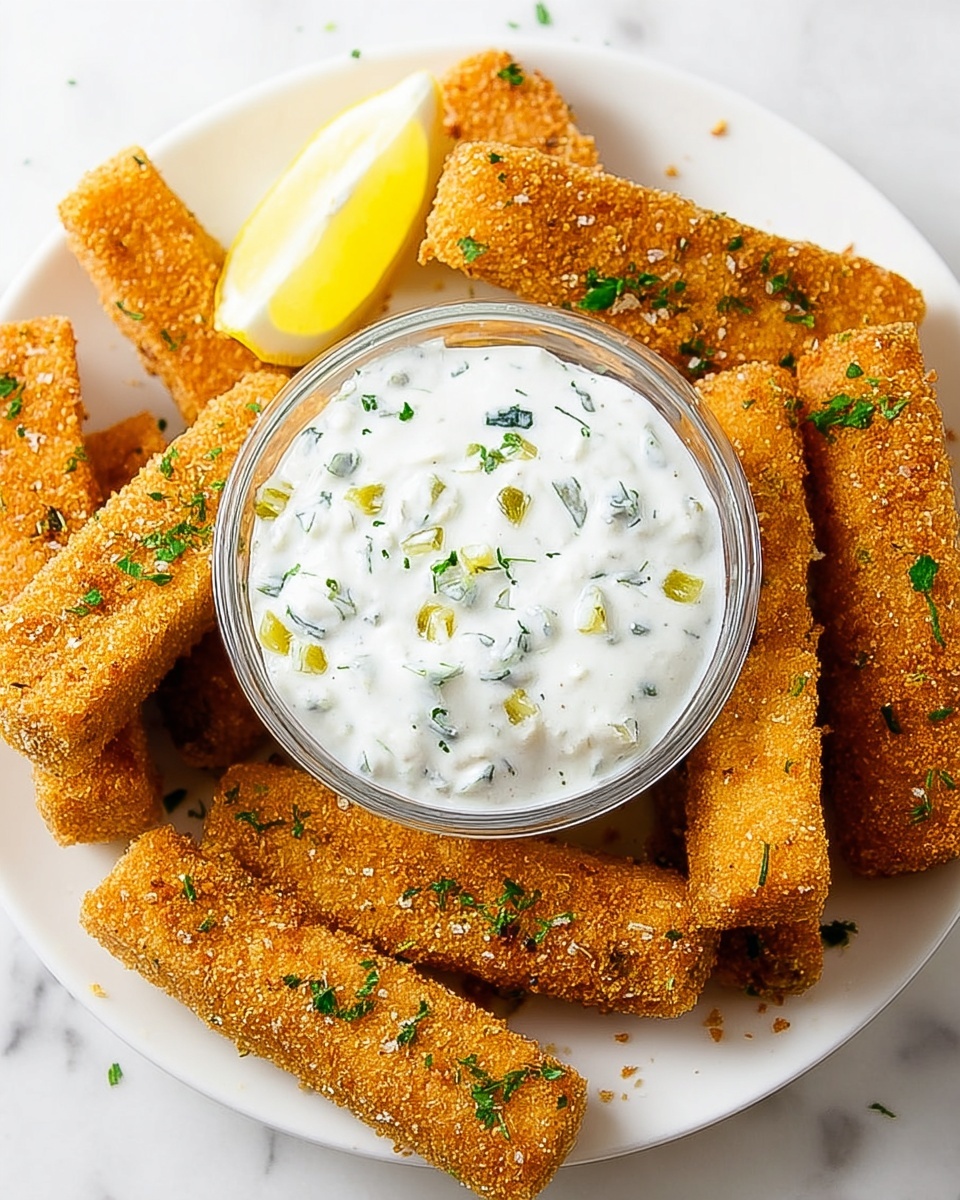 The image shows a white plate with several golden brown, crispy breaded sticks arranged around a clear glass bowl of creamy white sauce with green herb pieces and small bits of yellow pickle mixed in. A small lemon wedge is placed on the plate next to the bowl. The sauce looks thick and textured with visible herbs on top. The sticks have a coarse, crunchy coating with some green herb sprinkles on them. The plate is placed on a white marbled surface. Photo taken with an iphone --ar 4:5 --v 7