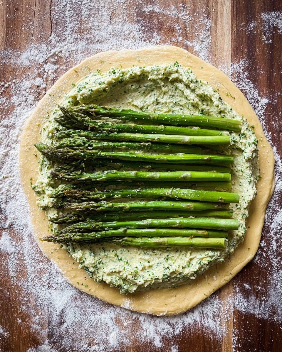 A round, uncooked golden dough spread out on a wood surface dusted with white flour, layered evenly with a thick, textured light green cream spread that has fine herb specks visible; on top, bright green asparagus spears are laid side by side in a row, showing fresh tips and smooth stalks. photo taken with an iphone --ar 4:5 --v 7