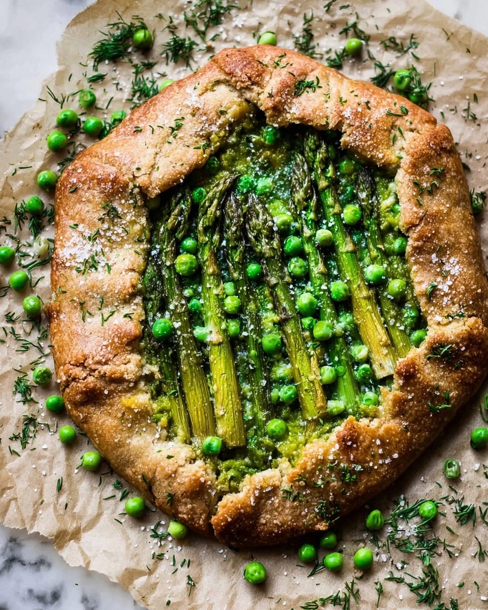 A round rustic galette with a golden-brown crust folded unevenly around the edges, creating one thick outer layer. Inside, bright green asparagus spears are arranged in parallel across the center, covered with scattered fresh green peas and sprinkles of finely chopped herbs that add texture and color contrast. The crust has a rough, flaky texture with visible salt crystals on top, while the filling appears fresh and vibrant with a mix of green shades. The galette is placed on parchment paper with extra peas and herbs around it, all on a white marbled surface photo taken with an iphone --ar 4:5 --v 7