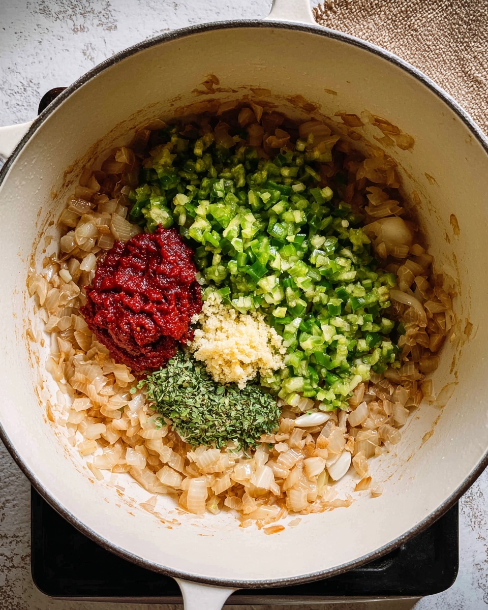 A white pot with cooked light brown onions covering the bottom and sides. On top of the onions in the middle, there is a pile of bright green chopped peppers, a small mound of finely chopped pale yellow garlic, and a scoop of deep red tomato paste. The pot is on a black stove, with a textured light brown cloth visible on the top right corner. The surface under the stove is a white marbled texture photo taken with an iphone --ar 4:5 --v 7