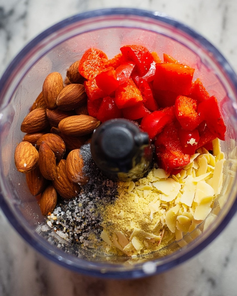 The image shows a top view of a clear blender cup on a white marbled surface, filled with four distinct ingredient layers. On the left, there is a layer of whole brown almonds with smooth, shiny texture. At the top right, bright red roasted bell peppers lay in chunky pieces with a slightly wrinkled surface. Below the peppers on the right, a heap of pale yellow flakes with a dry and crumbly texture fills the space. In the bottom center, there is a smaller layer of coarse black salt crystals mixed with some fine white powder, contrasting with the other ingredients. The black plastic blender blade stands visible in the center of the cup. photo taken with an iphone --ar 4:5 --v 7