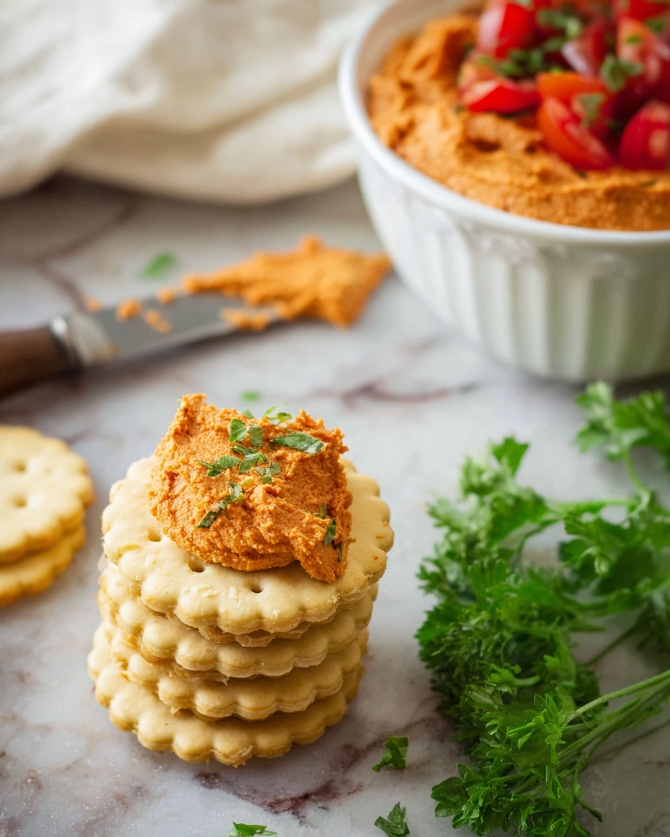 The image shows a stack of five round crackers with a pale yellow color and scalloped edges, placed on a white marbled surface. On top of the stack is a spread of thick orange-red paste with a slightly rough texture, sprinkled with small green herbs. Behind the stack, there is a butter knife with more of the orange spread on its blade, resting on the surface. To the right, a small bunch of fresh green parsley is placed loosely. In the background, a white bowl filled with more of the orange spread topped with chopped red tomatoes and green parsley is partially visible, along with a folded white cloth. photo taken with an iphone --ar 4:5 --v 7