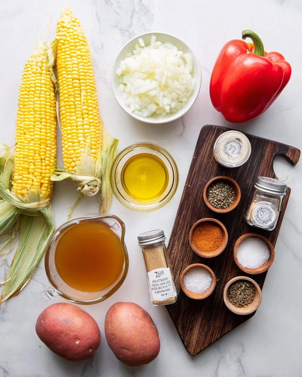 The image shows a top view of various cooking ingredients placed on a white marbled surface. On the left side, there are two ears of corn with bright yellow kernels and fresh green husks. Above the corn, there is a small white bowl filled with chopped white onions and beside it an open small white container with a white creamy substance. In the center, a dark wooden cutting board holds a clear glass measuring cup filled with golden brown broth and a small glass bowl with light yellow olive oil. To the right, a bright red bell pepper sits near glass spice bottles labeled garlic powder and paprika, along with three small wooden bowls containing black pepper, coarse white salt, and minced garlic in a clear glass bowl. Below the board, two red potatoes with smooth skin are placed. The overall setup has a clean, fresh look on the white marbled background photo taken with an iphone --ar 4:5 --v 7
