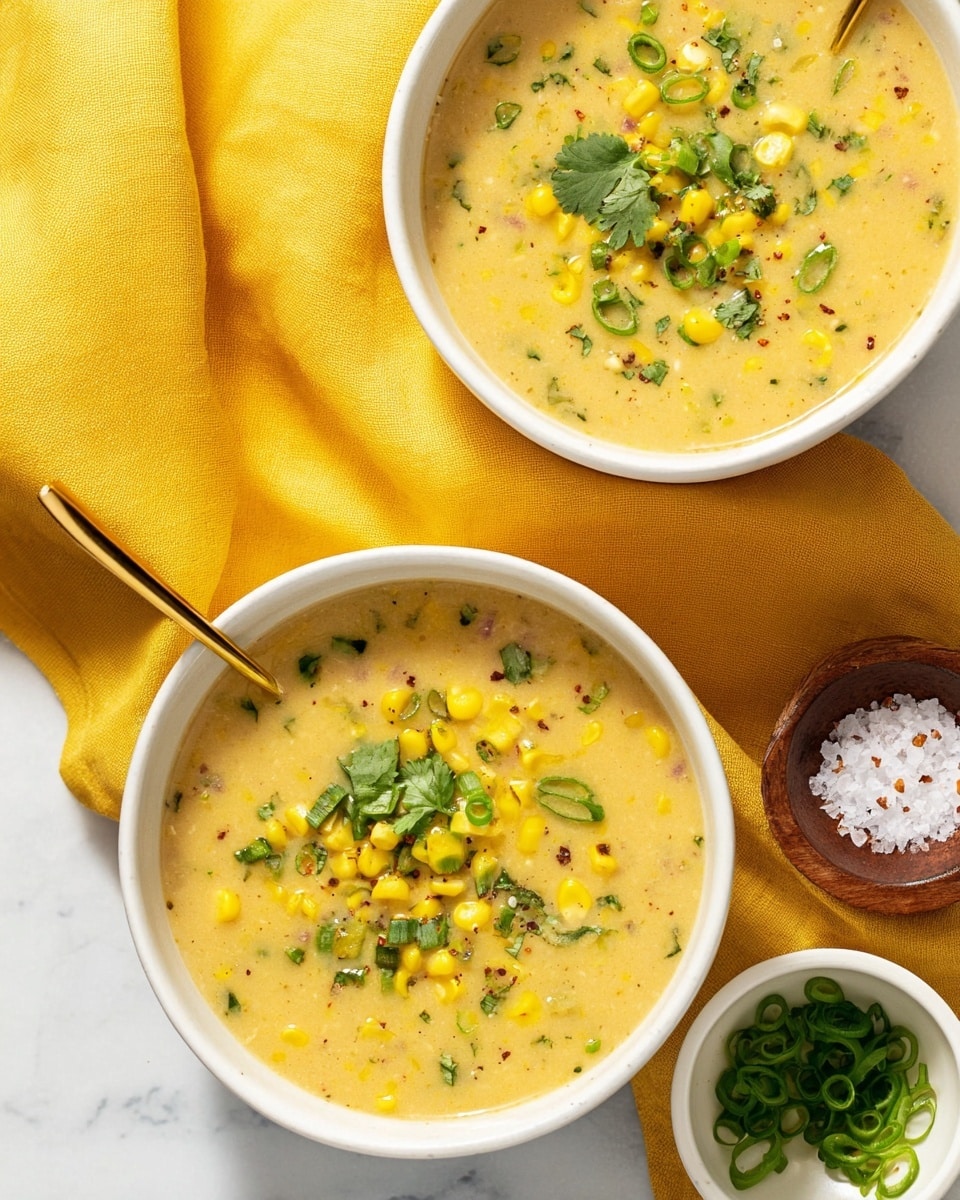 Two white bowls of creamy yellow corn soup filled with small pieces of corn, bits of green herbs, and finely chopped vegetables. The top layer of each soup is decorated with fresh green onion slices, small corn kernels, and chopped cilantro. They are placed on a white marbled surface with a bright yellow cloth underneath. Near the bottom right, there is a small wooden bowl of coarse salt and a white bowl with more green onions. A golden spoon is partially visible in the top bowl. The lighting is soft and natural, highlighting the warm colors and textures of the soup. photo taken with an iphone --ar 4:5 --v 7