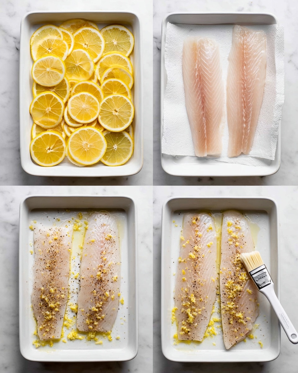 The image shows four steps of preparing fish with lemon in a white baking dish, placed on a white marbled surface. The first step displays a single layer of yellow lemon slices neatly arranged to cover the bottom of the dish evenly. The second step shows two light pink fish fillets with a smooth texture lying on a white paper towel side by side. In the third step, the same two fish fillets are now placed over the lemon slices in the dish, sprinkled with coarse black pepper and salt, creating a speckled effect on the fillets. The fourth step adds a layer of minced garlic spread unevenly on top of the fillets using a white brush, with visible small golden pieces giving a textured look. Photo taken with an iphone --ar 4:5 --v 7