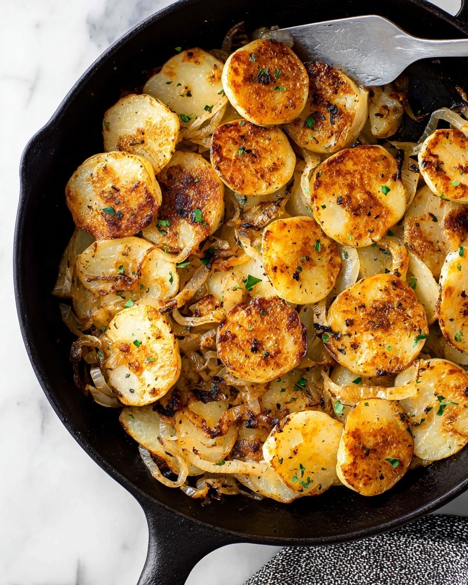 A black cast iron pan filled with a single layer of round, thinly sliced golden brown potatoes with crispy, charred edges. Mixed within the potatoes are soft, translucent slices of cooked onions, all evenly spread across the pan's surface showing a mix of light yellow, brown, and dark caramelized spots. The background is white marbled texture. photo taken with an iphone --ar 4:5 --v 7