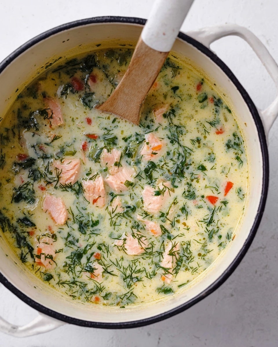 A close-up view inside a white enamel pot with black rim shows a creamy soup full of pink chunks of fish, small orange cubes of carrot, and lots of green herbs floating throughout. The creamy soup base is pale yellow with a speckled texture from the fresh green dill. There is a wooden spoon with a white handle resting inside the pot, partly submerged in the soup. The pot sits on a white marbled surface with soft light. photo taken with an iphone --ar 4:5 --v 7