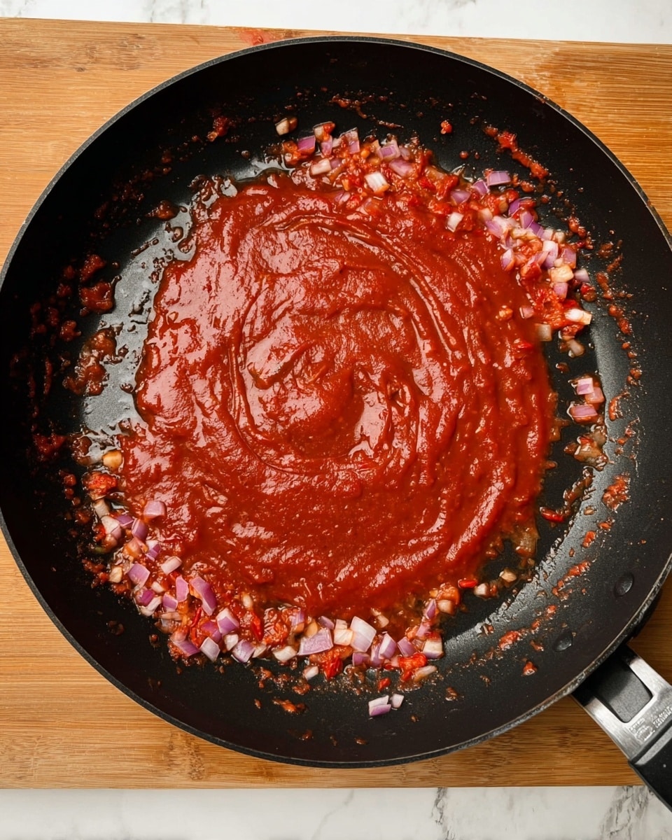 Inside a black pan, there is one main layer of thick red sauce in the center, smooth with some swirling textures. Surrounding this sauce are small chopped pieces of light purple and white onions mixed with tiny bits of bright red food, scattered unevenly across the pan bottom and sides. The pan sits on a white marbled surface with wooden cutting board edges visible at the top. Photo taken with an iphone --ar 4:5 --v 7