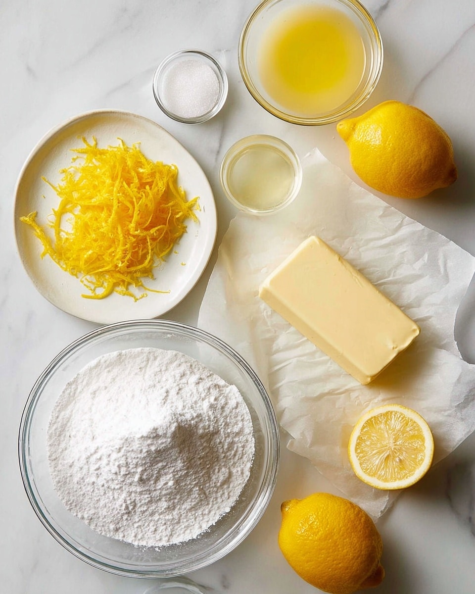 The image shows ingredients laid out on a white marbled surface. There is a large clear glass bowl filled with white powdered sugar at the bottom left. Above it, a small white plate holds bright yellow lemon zest. To the right of that, a small clear bowl contains pale yellow lemon juice. Next to the lemon juice bowl, an opened stick of light yellow butter rests on white paper. A few whole yellow lemons and a halved lemon with the inside showing are placed around the bowls. There is also a small clear bowl with white granulated sugar near the top left. The scene is bright and clean with a focus on yellow and white colors. photo taken with an iphone --ar 4:5 --v 7
