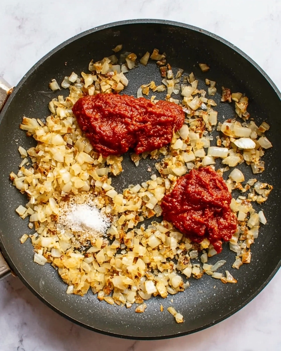 A black pan is shown from above on a white marbled surface, filled with a layer of small, golden-brown chopped onions spread evenly across the pan. On top of the onions, there are two dollops of thick, bright red tomato paste placed next to each other in the center, along with a small pile of white granulated salt. The onions have a slightly crispy texture with some pieces darker than others, giving a rich and cooked look. photo taken with an iphone --ar 4:5 --v 7