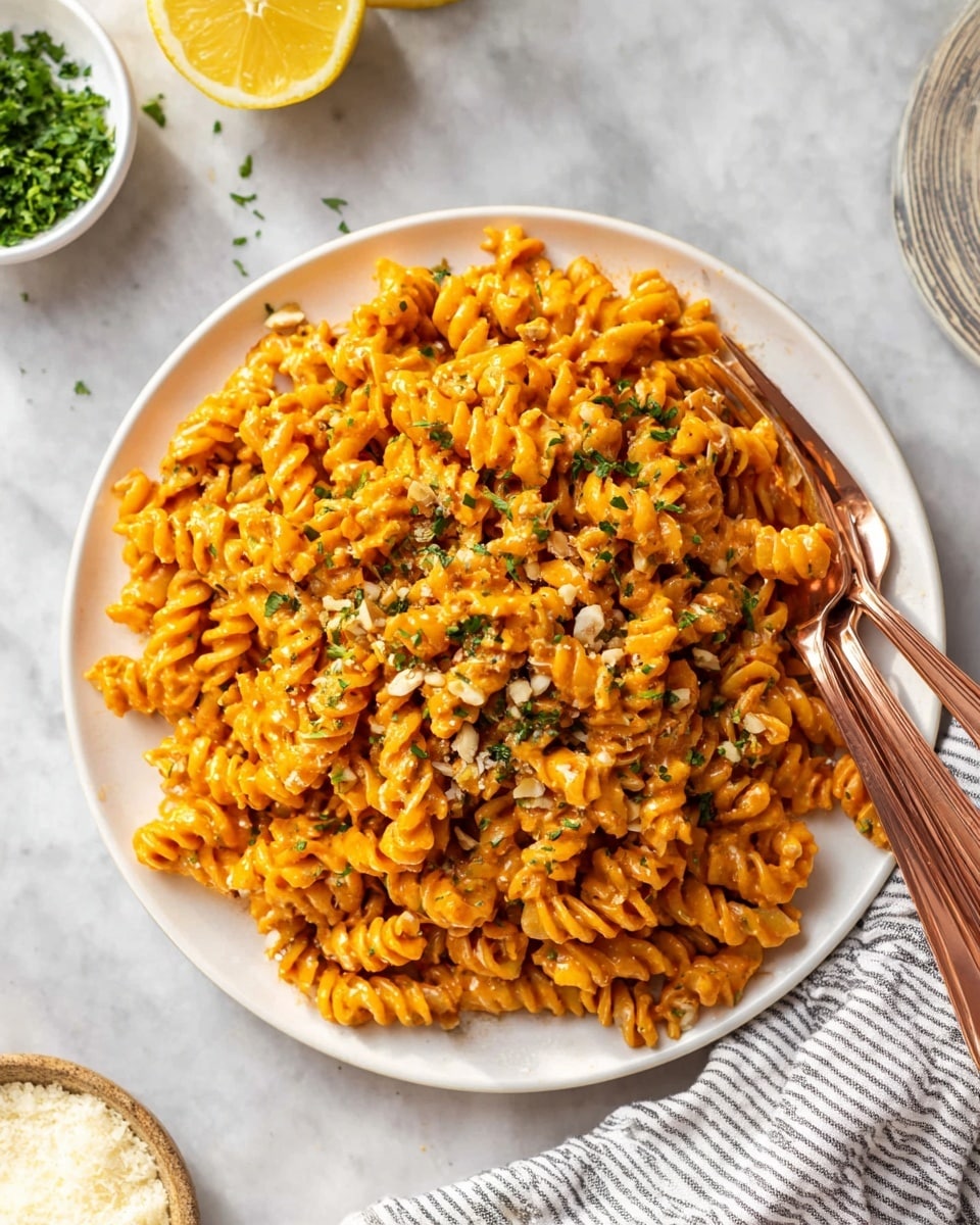 A white plate is filled with a large pile of spiral pasta coated in a thick, orange sauce that looks creamy. Small pieces of chopped nuts and finely chopped green herbs are scattered on top and mixed throughout the pasta, adding texture and color contrast. Two copper-colored forks rest on the right side of the plate, partly inserted into the pasta. The plate sits on a white marbled surface, with a striped kitchen towel folded nearby. In the background, a small white bowl of chopped greens, half of a lemon, and a small dish of grated cheese are visible but out of focus. Photo taken with an iphone --ar 4:5 --v 7