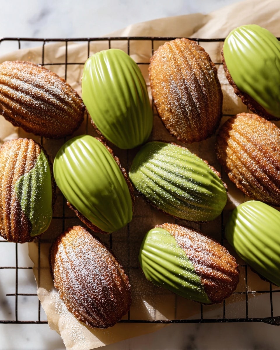 A cooling rack holds a mix of shell-shaped madeleines, some coated with a smooth, shiny green glaze covering the entire top and sides, while others show a golden brown, textured surface with a light dusting of powdered sugar. The pastries are arranged neatly on a sheet of parchment paper atop a black metal rack, against a white marbled texture background. The image has strong natural lighting, casting soft shadows and highlighting the ridged details on each madeleine, making the contrast between matte and glossy surfaces clear. Photo taken with an iphone --ar 4:5 --v 7