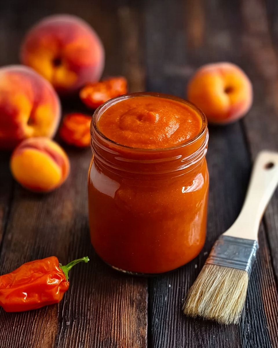 The image shows a clear glass jar filled with thick, smooth red-orange sauce, with the surface slightly uneven at the top. Around the jar, there are two whole peaches with a soft yellow and red blush color and several small, bright orange habanero peppers. In the bottom right corner, a white brush with a metal handle is partially visible, with some sauce on its bristles. All items are placed on a white marbled surface that looks clean and bright. photo taken with an iphone --ar 4:5 --v 7