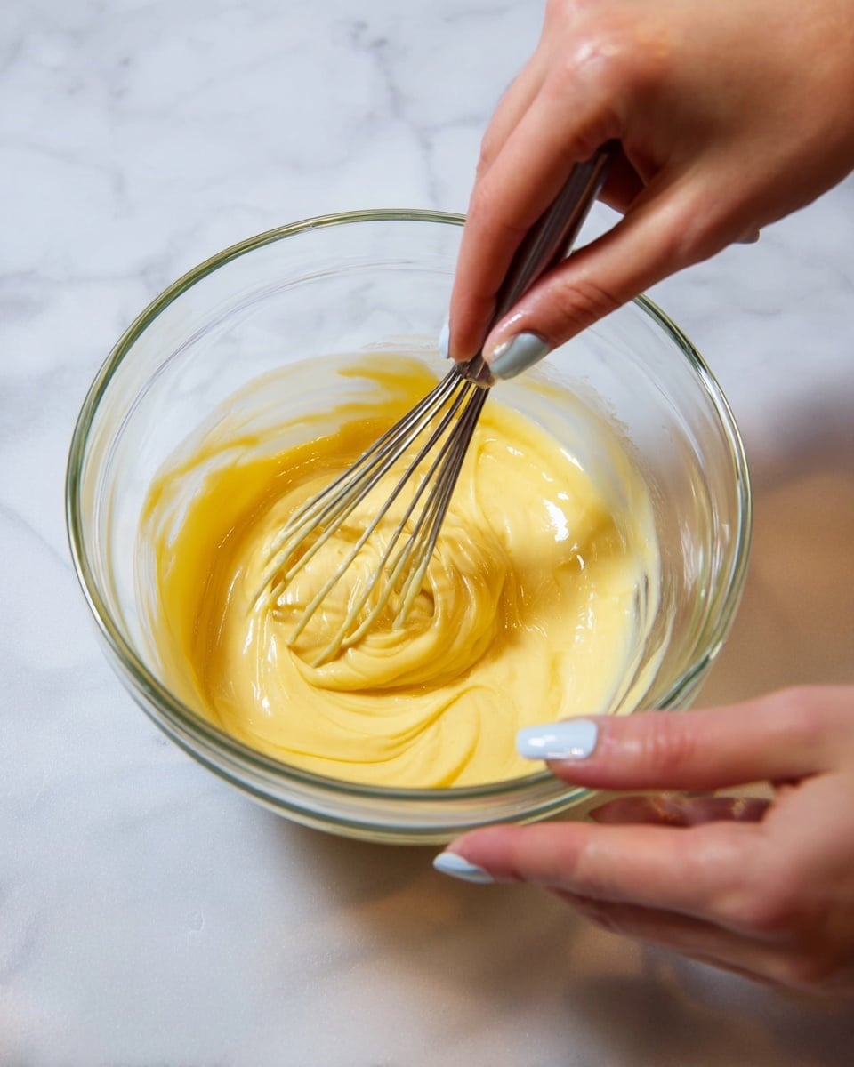 A clear glass bowl holds a thick, smooth yellow mixture that is being stirred with a metal whisk. The texture of the mixture looks creamy and glossy, swirling gently as it is mixed. A woman's hand with white and light blue nails grips the edge of the glass bowl, while another woman's hand holds the whisk above, moving in a mixing motion. The bowl sits on a white marbled surface, highlighting the contrast between the creamy yellow mixture and the clear glass bowl. photo taken with an iphone --ar 4:5 --v 7