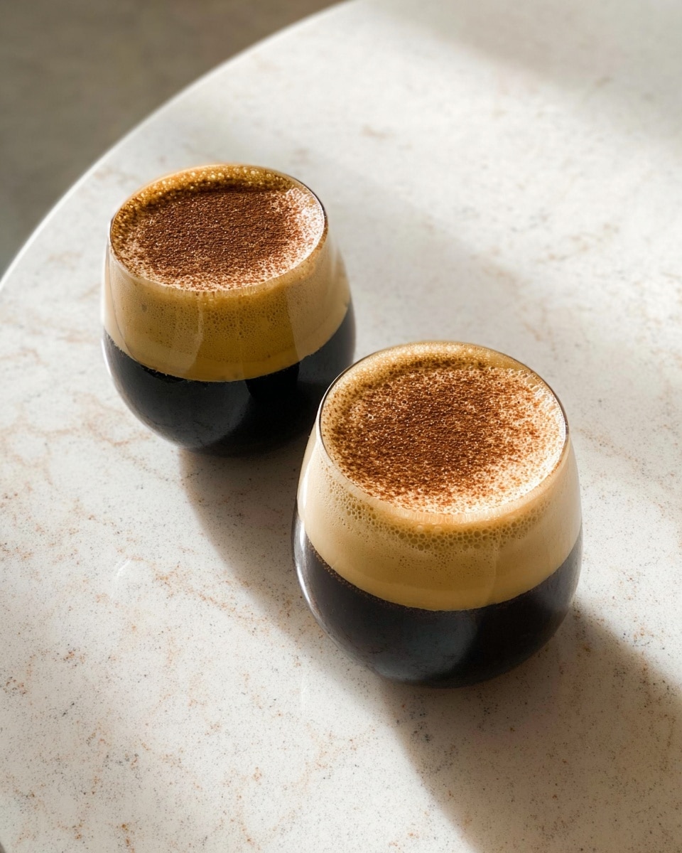 Two clear rounded glasses are placed on a white marbled table. Each glass has two visible layers: the bottom layer is dark brown and almost black, looking smooth and liquid; the top layer is thick and light beige with a frothy texture. The top surface of the froth is covered evenly with a dusting of fine brown powder. The setting has soft natural light with subtle sparkles reflecting on the table surface. photo taken with an iphone --ar 4:5 --v 7