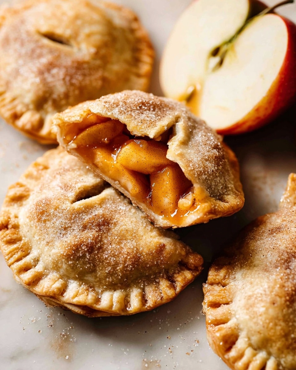 The image shows several small, round apple pies with golden brown crusts sprinkled with sugar and cinnamon. One pie is opened on the top, revealing warm apple chunks inside coated in a shiny, amber-colored sauce. In the background, half an apple with red and yellow skin and visible seeds rests on the white marbled surface. The crusts have small slits on top, showing a slightly rough and crispy texture. photo taken with an iphone --ar 4:5 --v 7