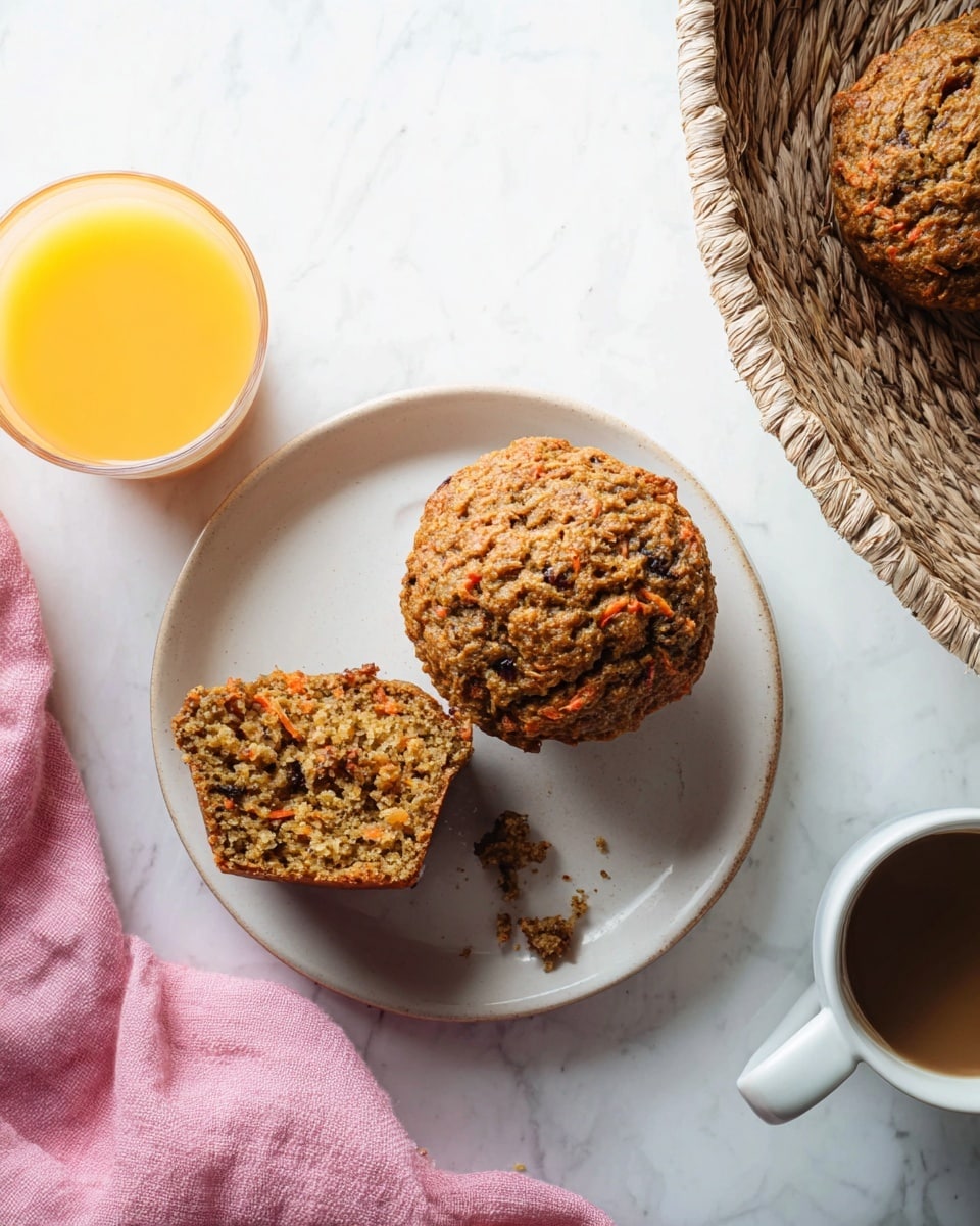 A white plate on a white marbled surface holds two carrot muffins, one whole and one split showing a moist texture with orange carrot bits and dark spots inside. Next to the plate, a white cup filled with coffee and a clear glass of orange juice add color contrast. A pink cloth napkin and a woven basket are partially visible on the right side, adding warmth to the scene. photo taken with an iphone --ar 4:5 --v 7