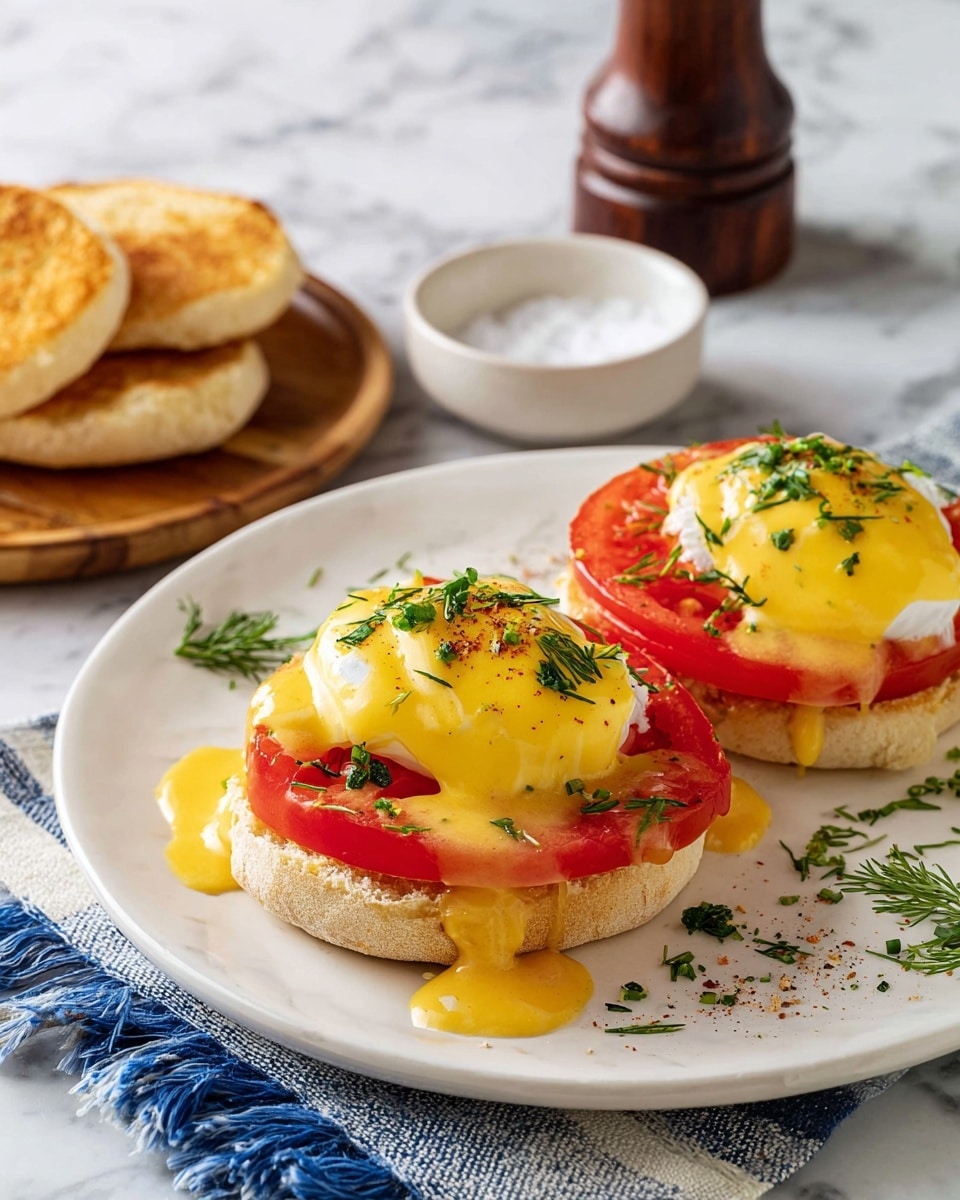 Two English muffin halves sit on a white plate with two layers each. The bottom layer is golden toasted muffin, topped by thick red tomato slices. On top of the tomatoes are poached eggs covered in bright yellow hollandaise sauce, some sauce dripping down the sides. The eggs are garnished with small green chopped chives and dill, with a few herbs and black pepper sprinkled around the plate. In the background, extra toasted muffin halves rest beside a small white bowl of salt and a dark brown pepper grinder, all placed on a white marbled surface with a blue and white fringed cloth underneath the plate photo taken with an iphone --ar 4:5 --v 7