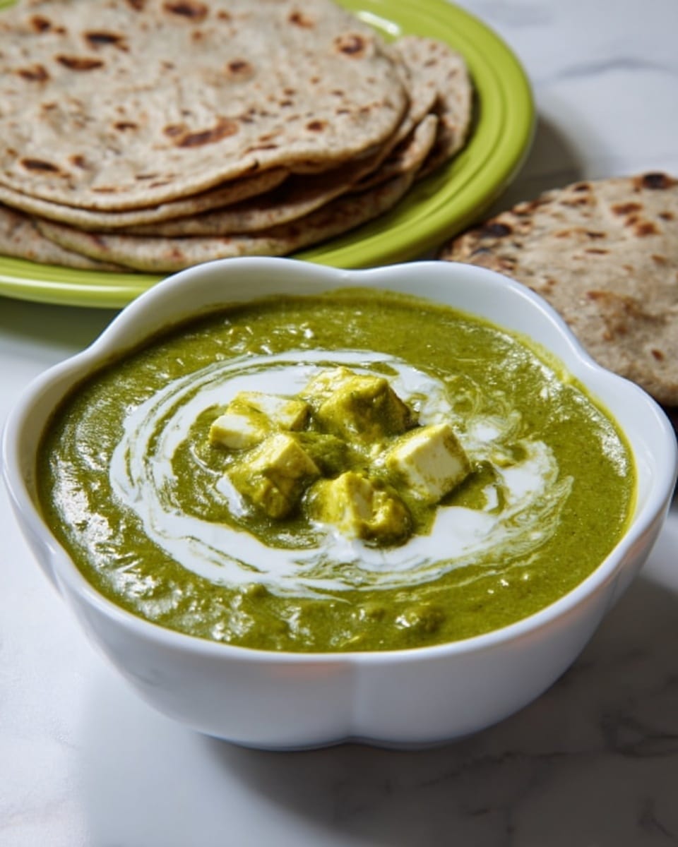 A white flower-shaped bowl filled with a thick green curry that has small yellow cubes of paneer cheese mixed inside. The green curry is smooth and creamy with a swirl of white cream drizzled on top in a loose circular pattern. Behind the bowl, there is a green plate holding a stack of light brown flatbreads with some darker brown spots. The surface underneath everything is a white marbled texture. Photo taken with an iphone --ar 4:5 --v 7