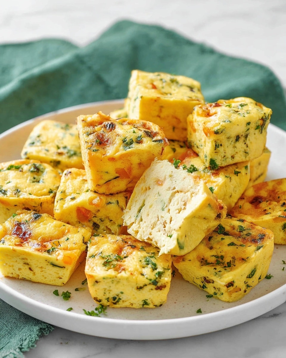 A white plate holds a stack of small square egg bites. Each bite shows visible layers of soft, yellow egg mixed with green leafy herbs and bits of orange cheese melted on top. The texture looks fluffy with slightly browned edges. The plate is on a white marbled surface and a green cloth is partly visible in the background. photo taken with an iphone --ar 4:5 --v 7