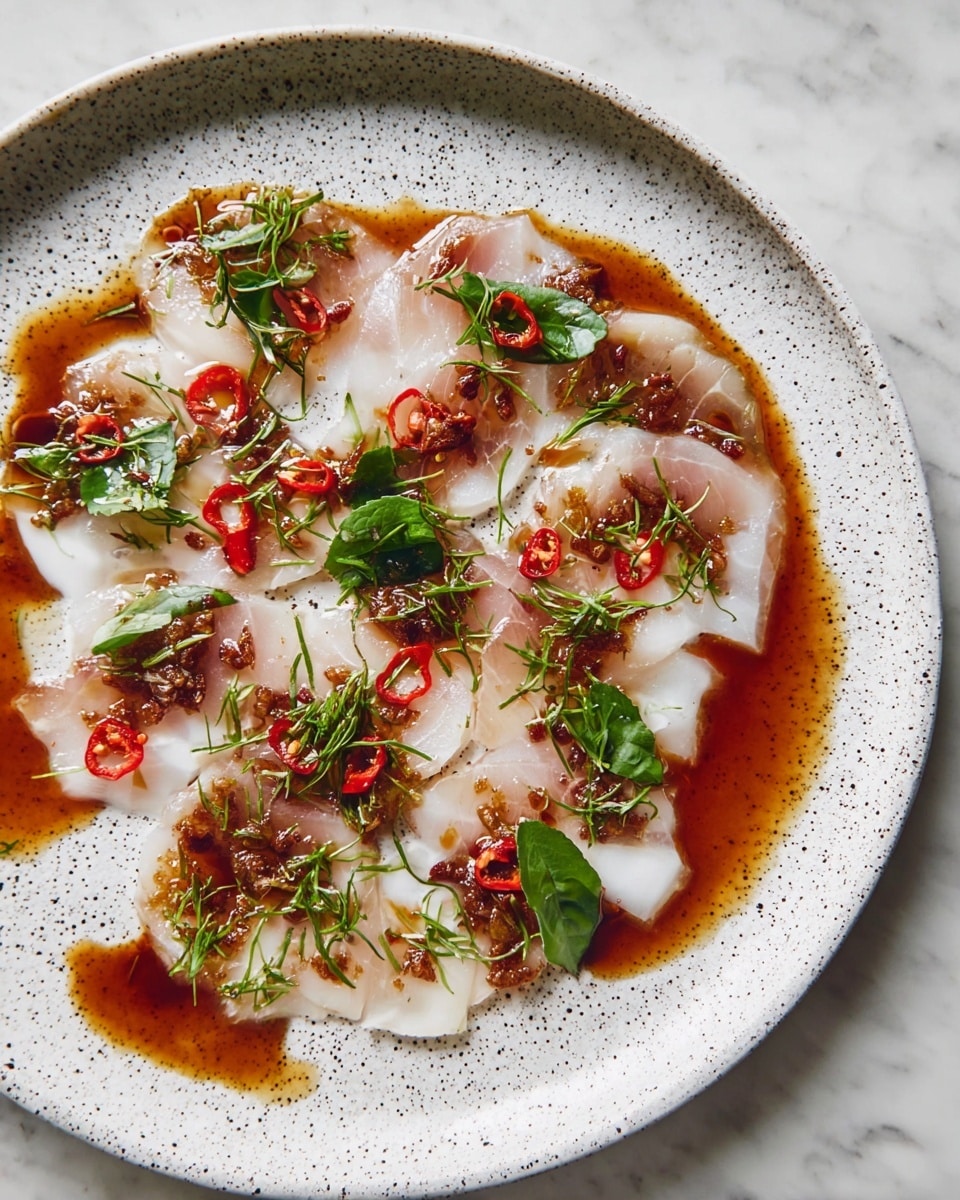Thin slices of pale pink fish with a slight translucence are spread in a single layer on a large white plate with a speckled pattern. A light white sauce is drizzled unevenly over the fish, mingling with a darker brown sauce that pools in patches on the fish and plate, adding texture and contrast. Small green leaves and herbs, along with thin slices of red chili, are scattered over the dish, bringing vibrant pops of color. The white plate sits on a white marbled surface. Photo taken with an iphone --ar 4:5 --v 7