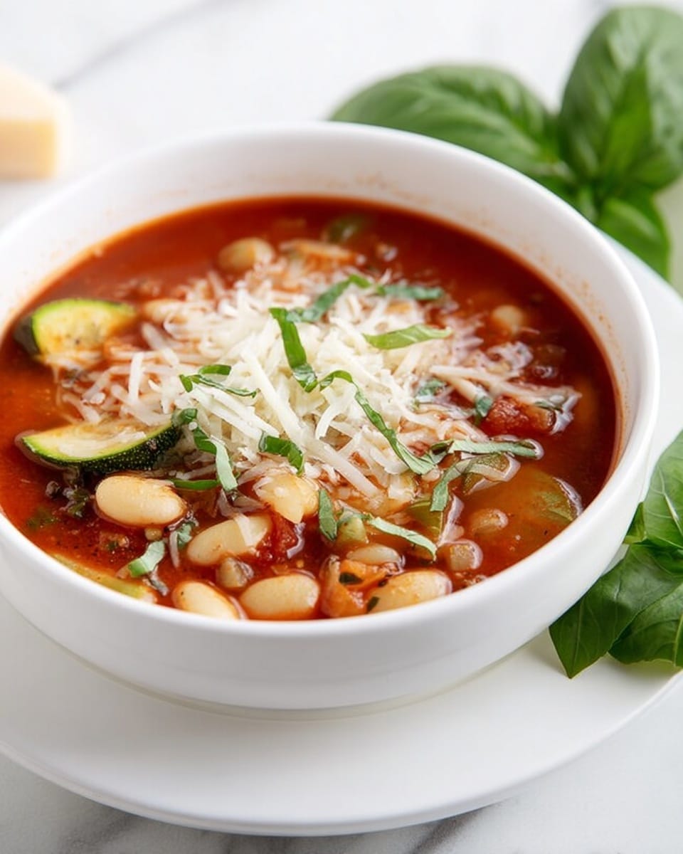A white bowl filled with three layers of soup: the bottom layer is a rich red tomato broth, the middle layer has chunky pieces of white beans and green zucchini slices, and the top layer is garnished with shredded white cheese and thin strips of green basil. The bowl sits on a white plate, placed on a white marbled surface. Fresh green basil leaves are beside the plate. Photo taken with an iphone --ar 4:5 --v 7
