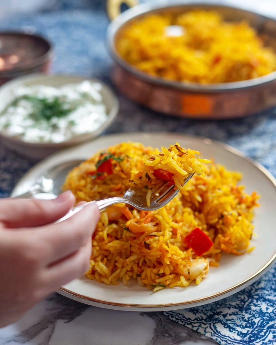 A white round plate holds one layer of bright yellow-orange rice mixed with small pieces of red and light yellow vegetables, giving a colorful look with a soft texture. A woman's hand is holding a silver fork and spoon, scooping up a portion of the rice with visible long grains and a slightly shiny surface. In the background, a small white bowl with thick white cottage cheese topped with green herbs and a copper dish filled with the same yellow-orange rice sit on a white marbled surface with some blue patterned fabric partially visible. Photo taken with an iphone --ar 4:5 --v 7