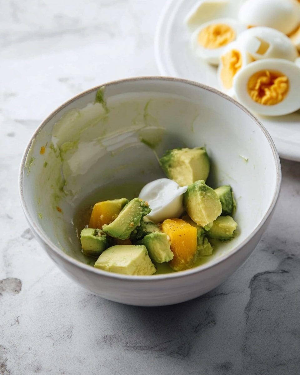 A cracked white bowl sits on a white marbled surface, holding chunky pieces of light green avocado, solid yellow egg yolks, and a small dollop of white creamy sauce, with a white plate of halved boiled eggs nearby. Photo taken with an iphone --ar 4:5 --v 7