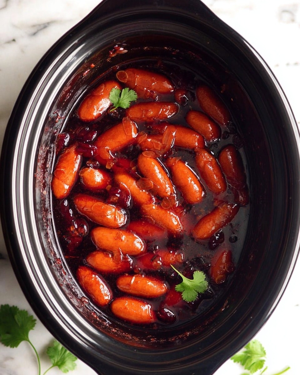 Inside a black slow cooker, many small, shiny orange sausages are covered with a thick, dark red sauce. The sausages are scattered and partially sunk in the sticky sauce, which has a glossy texture with hints of red and brown. Around the slow cooker, there are small green cilantro leaves placed on a white marbled surface. photo taken with an iphone --ar 4:5 --v 7