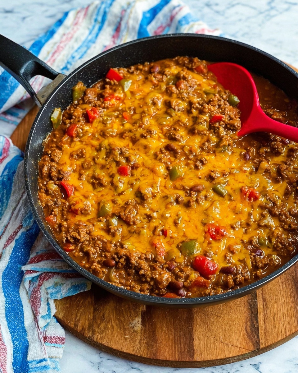 A black frying pan filled with thick chili. The chili has a rich orange cheese layer mixed with brown meat and beans, red tomato pieces, and small green bell pepper bits. The pan sits on a round wooden board with a white and blue striped cloth under it. There is a red spoon resting on the right side inside the chili. The background is a white marbled texture. Photo taken with an iphone --ar 4:5 --v 7