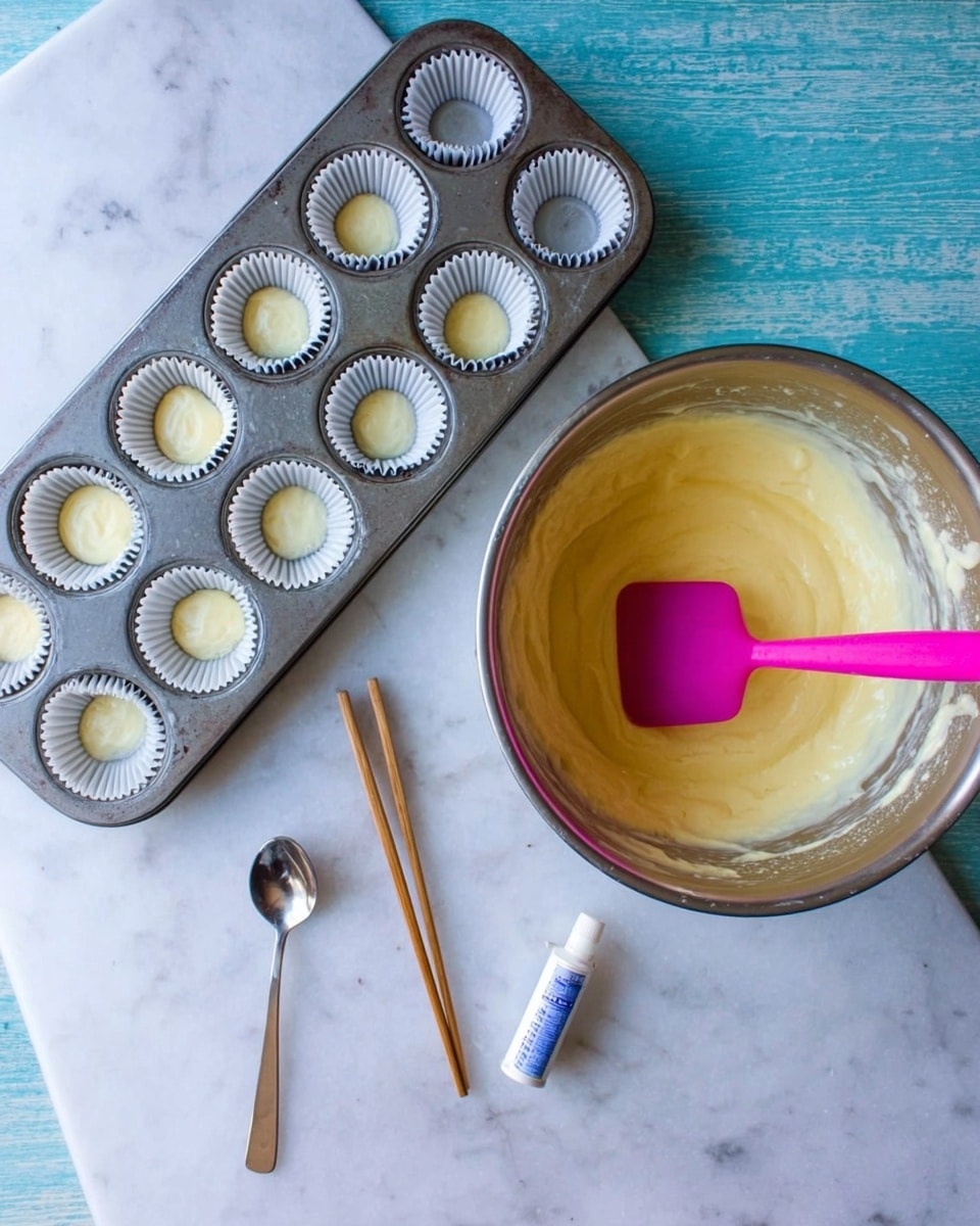 The image shows a metal cupcake tray with twelve white cupcake liners inside, placed on a white marbled textured surface. Next to the tray is a large silver mixing bowl filled with creamy pale yellow batter, with a bright pink spatula resting inside it. Below the tray and bowl are a silver spoon, a brown wooden chopstick, and a small white tube with blue markings on the surface. photo taken with an iphone --ar 4:5 --v 7