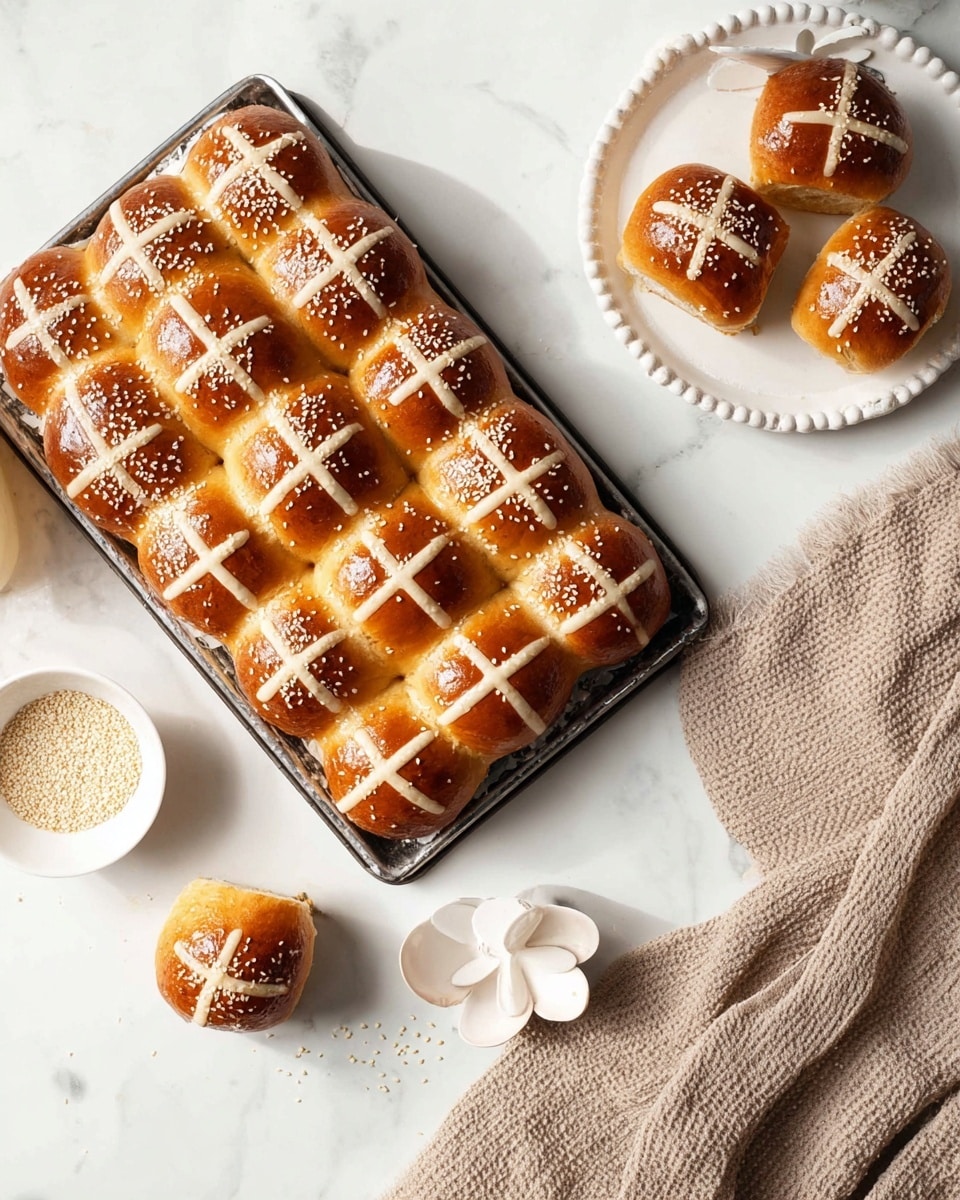 A tray holds a large golden-brown baked bread made of eight connected rolls, each marked with white icing crosses and sprinkled with sesame seeds on top. Around the tray, there are three smaller, individual rolls with the same golden color, icing cross decoration, and sesame seeds. To the right, one of the small rolls sits on a white plate with round beaded edges on a white marbled surface. Near the plate, there are two small white dishes—one with sesame seeds and the other empty, shaped like a flower. A textured light brown cloth is casually placed at the bottom right corner. The scene is bright with soft, natural light, showing the shiny, smooth tops and soft sides of the bread. Photo taken with an iphone --ar 4:5 --v 7