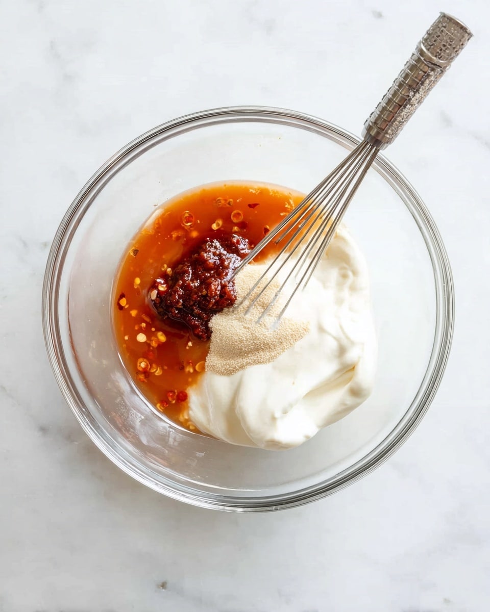 A clear glass bowl sits on a white marbled surface containing four layers of ingredients: a white creamy layer with a thick texture on the right, a smooth orange sauce with visible chili flakes on the left, a dark red spicy paste near the bottom right of the creamy layer, and a small heap of light beige powder resting on the edge of the spicy paste and creamy layer. A silver metal whisk rests inside the bowl on the right side. Photo taken with an iphone --ar 4:5 --v 7