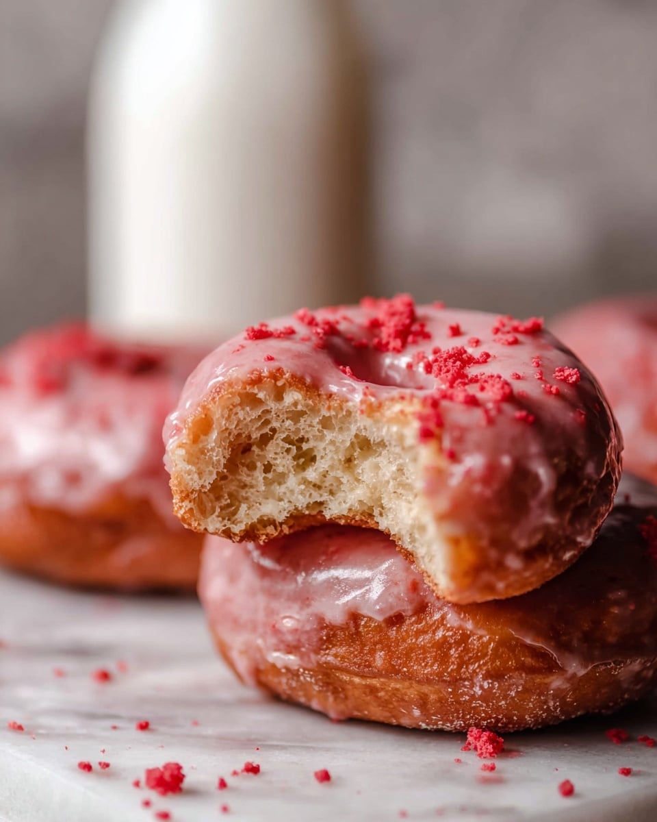 A close-up of a round donut with two main layers: the bottom layer is a golden-brown fried dough with a soft, airy inside visible from a big bite, and the top layer is a smooth, pink glaze that covers the whole top surface. The donut is sprinkled with small, bright red crumb-like pieces scattered on the glaze. In the background, blurred, there is a white marbled texture surface and a clear glass bottle filled with milk. photo taken with an iphone --ar 4:5 --v 7