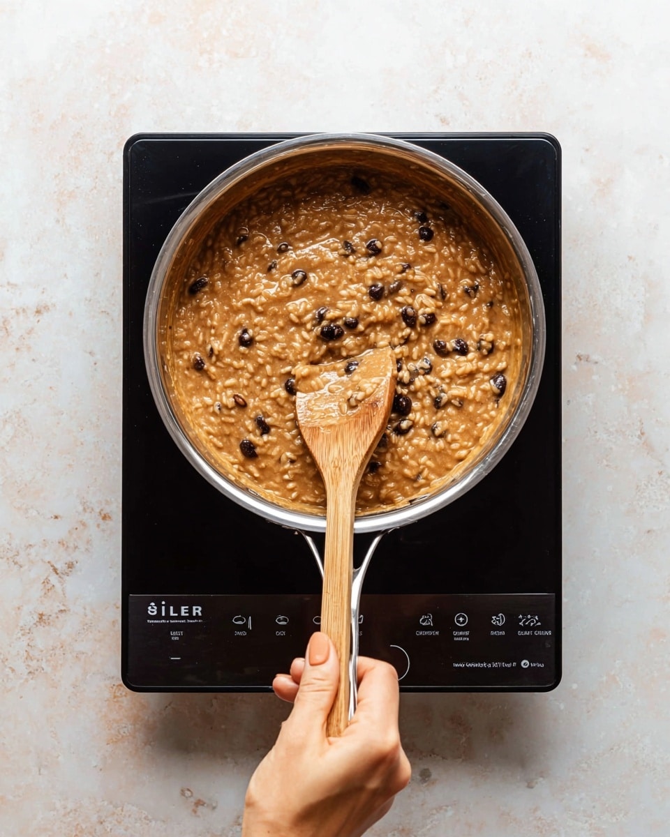 A stainless steel pan filled with thick, brown risotto mixed with small black olives is held over a black induction cooktop. The risotto has a creamy texture with visible rice grains and scattered olives throughout. A woman's hand is stirring the risotto gently using a wooden spoon, which has light brown sauce staining its surface. The cooktop sits on a white marbled surface, adding a clean, bright contrast to the warm colors of the risotto and pan. photo taken with an iphone --ar 4:5 --v 7