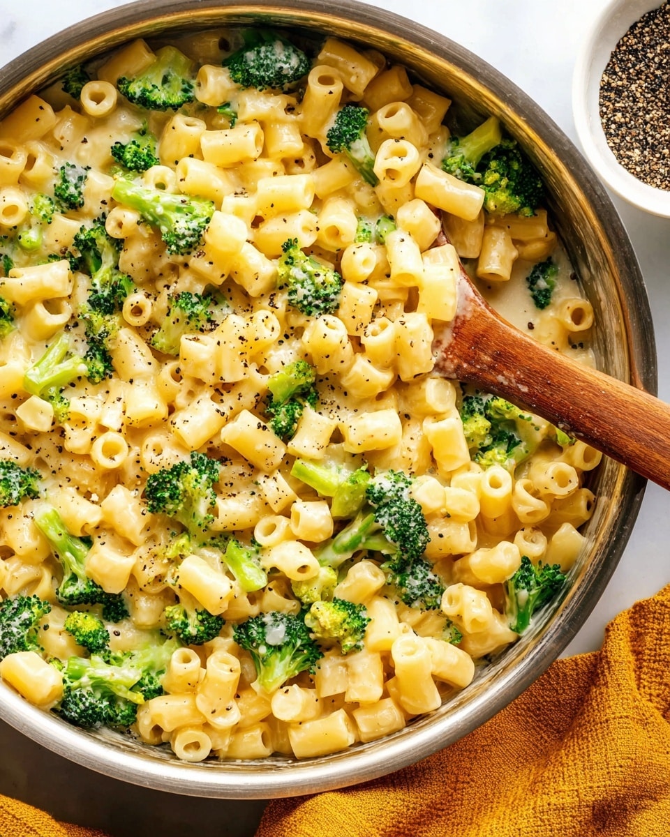 The image shows a close-up of a metal pan with a creamy pasta dish inside. The dish has small tube-shaped pasta coated in a light yellow sauce with pieces of bright green broccoli mixed in. Some black pepper seasoning is sprinkled on top, adding small dark specks. The pan sits on a white marbled surface with part of a white bowl filled with black pepper visible on the side. A wooden spoon is partly visible in the pan, resting under the pasta. A mustard yellow cloth is placed on the bottom left corner of the image. Photo taken with an iphone --ar 4:5 --v 7