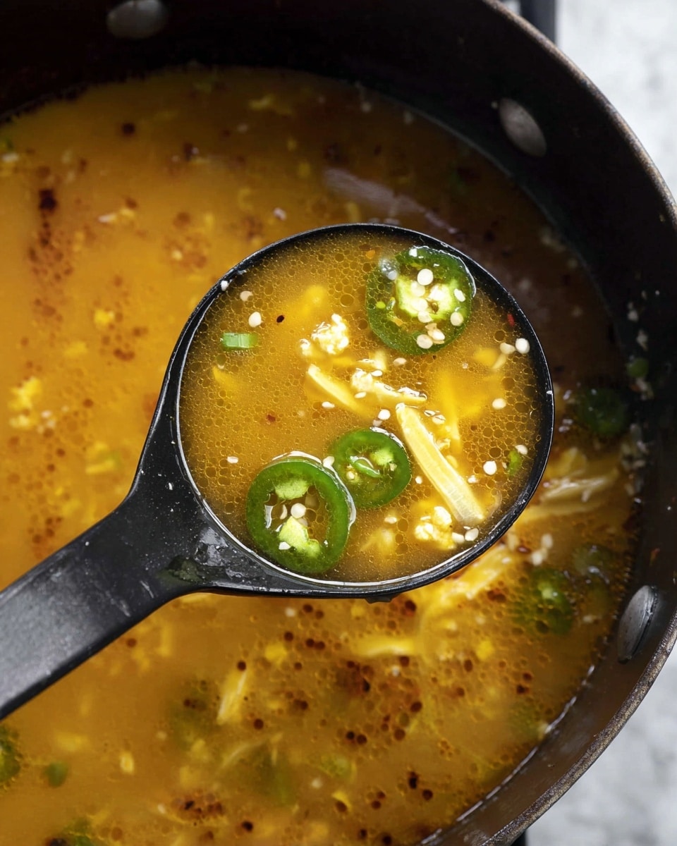 A close-up view of a black ladle filled with golden-orange soup that has small oil bubbles, thin strips of light yellow cheese, white bits, and green sliced jalapeños, held above a large black pot of the same soup with visible floating jalapeño slices and cheese pieces, all set against a white marbled surface photo taken with an iphone --ar 4:5 --v 7