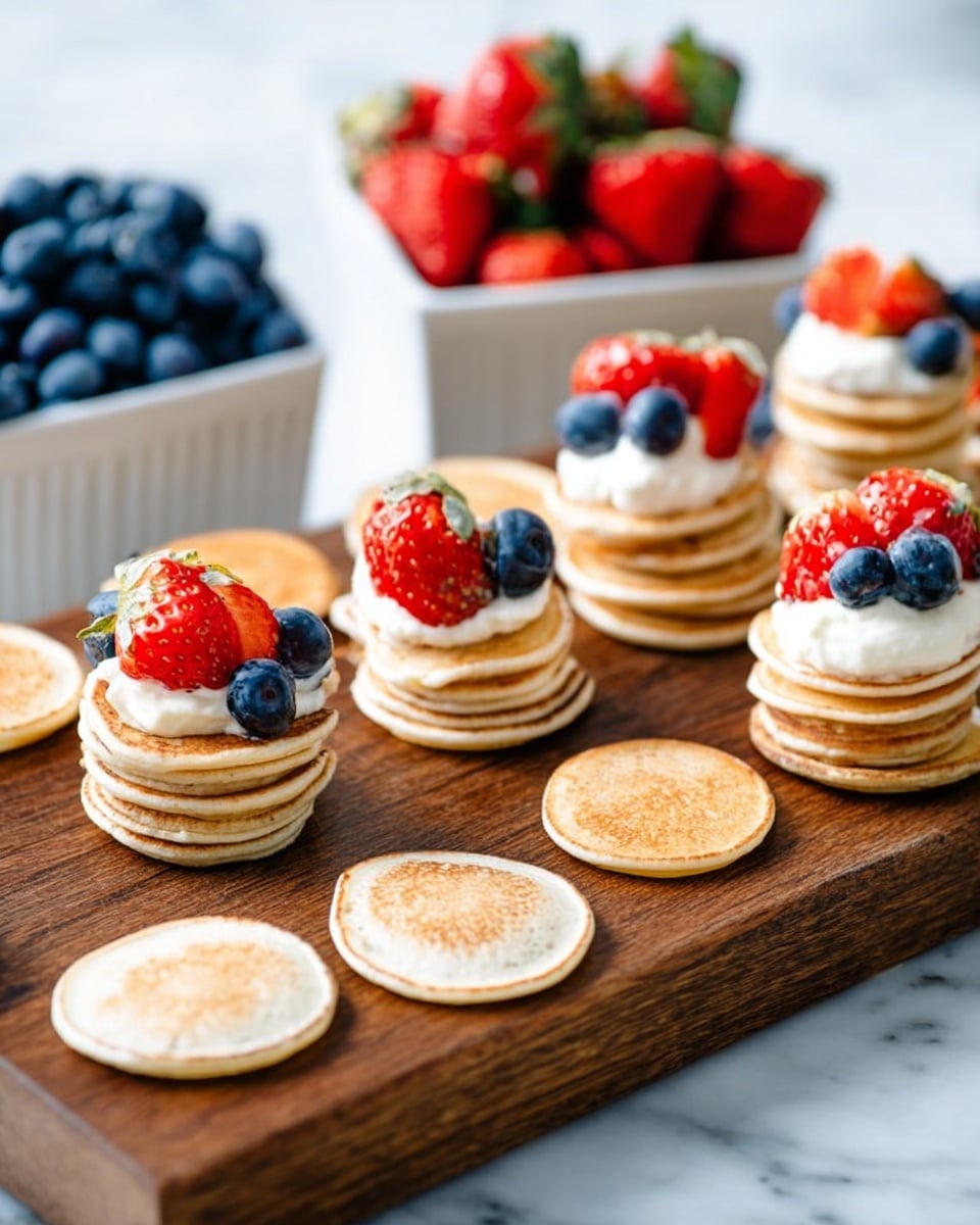 The image shows a wooden board with many small, light brown pancakes stacked in groups and some spread out individually. On the front edge of the board, there are several pancakes with a layer of white cream topped with fresh red strawberries or blue blueberries. In the background, there is a white bowl full of blueberries and another white bowl with strawberries. The whole scene is set on a white marbled surface. photo taken with an iphone --ar 4:5 --v 7